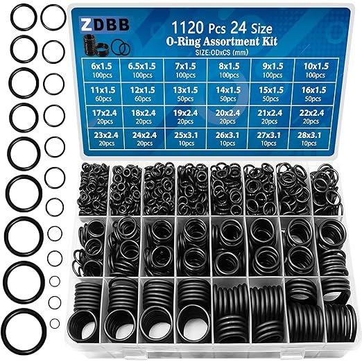 24 Size Rubber O Ring Set,1120 Pcs Black Small O Rings Assortment Kits,Assorted Metric Sealing Washer for Auto Plumbing Faucet Water Air or Gas Repair