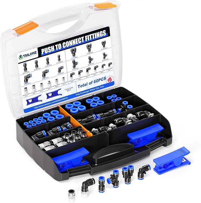 TAILONZ PNEUMATIC 1/4"3/8"1/2"1/8" Blue Straight and Elbow Push to Connect Fittings Air Hose Fittings,Suitable for Nylon/Polyurethane Air Tube and Other Connection Kits 64PCS