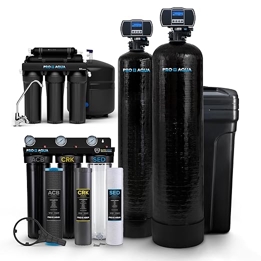 PRO+AQUA Elite 5-Stage Whole House Water Softener and Filter Bundle System for Well Water | Reduces Heavy Metals, Iron, Sulfur, Sediment, Chlorine, and More | Ideal for 3-4 Bathrooms (+ RO System)