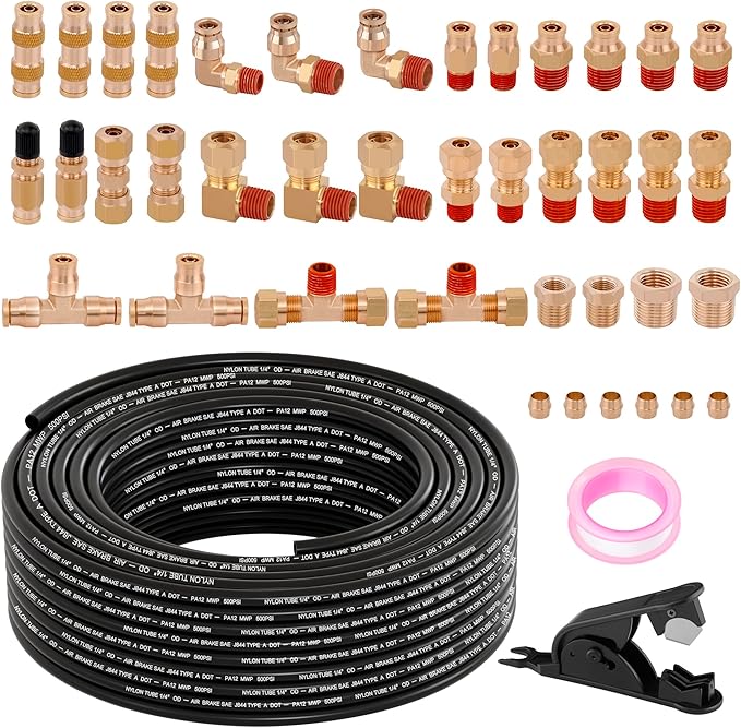 43pcs 100FT 1/4 DOT Air Line Brass Fittings Kit 1/4" OD Quick Push to Connect Fittings Compression Fittings 1/4" SAE J844 PA12 Nylon Air Hose Tubing for Industrial & Truck Brake System