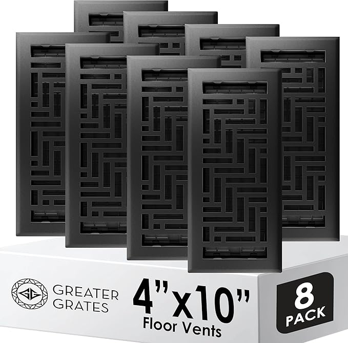 Floor Register 4x10 Vent Cover – 8 Pack – Heavy-Duty Steel, Rustproof & Walkable Grates, Drop-in Install, Adjustable Air Supply Switch - Decorative Herringbone Design, Textured Black