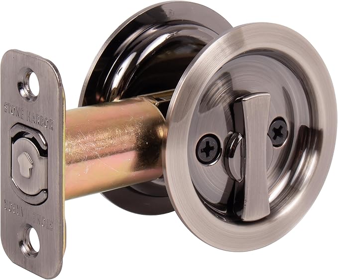 Stone Harbor Hardware Round Pocket Door Lock, Privacy Function, 2-3/8" Backset, Antique Nickel
