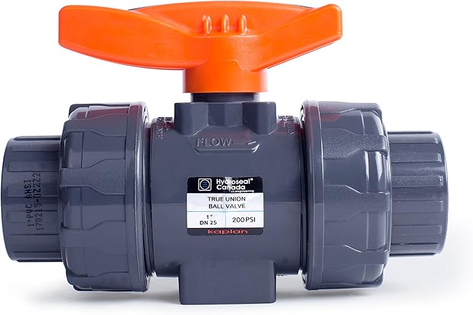 HYDROSEAL Kaplan 1” PVC True Union Ball Valve Threaded (NPT) with Full Port, ASTM F1970, EPDM O-Rings and Reversible PTFE Seats (1'')