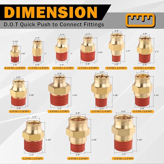 5PCS Quick Push to Connect Fittings, Brass Union Straight DOT Approved 3/8" Tube OD x 1/8" NPT Thread Air Line Adapter for Truck Trailers and Air Brake System