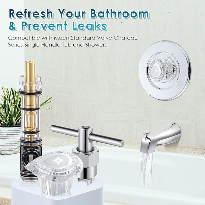 Cartridge Replacement with Removal Tool & Faucet Handle, Compatible with Moen 1225/1225B & 96797 & 104421, Compatible with Moen Chateau Series and/Moentrol Single Handle Tub and Shower Valve