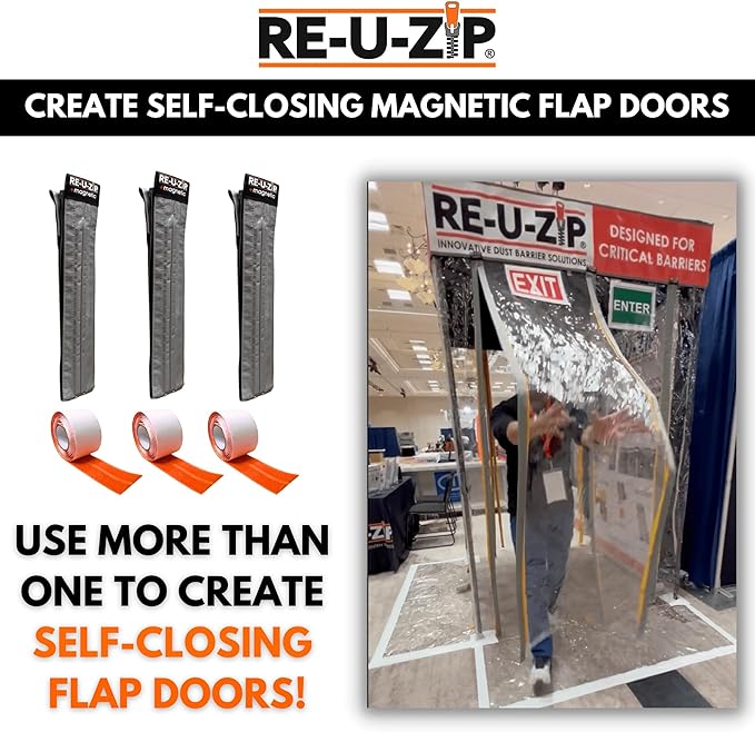 RE-U-ZIP® Self-Closing Ultra-Clear Magnetic Entry Strip Door Kit | Negative-Air Resistant and Reliable for Cleanrooms, Construction, Remodeling | Standard 6 Mil FR Vinyl (3.4 x 7.2 ft)