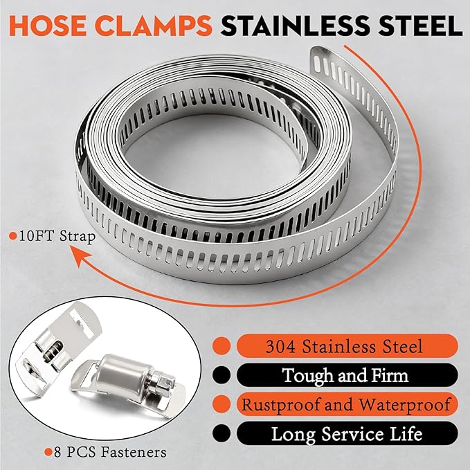 185PCS 304 Stainless Steel Worm Gear Hose Clamps,1/4"-2"(6-51mm) Hose Clamp Assortment with 1-Set 9.84FT Metal Strap+8 Fasteners for Secure Plumbing, Automotive, Fuel Line,Industrial Applications