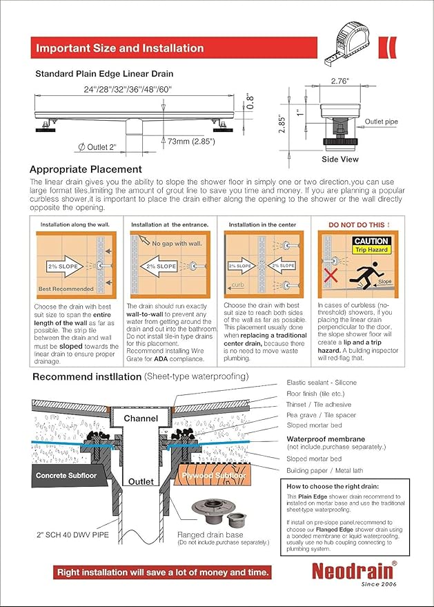 Neodrain 28-Inch Linear Shower Drain with Removable Quadrato Pattern Grate, Brushed 304 Stainless Steel Rectangle Shower Floor Drain,Linear Drain with Leveling Feet,Hair Strainer