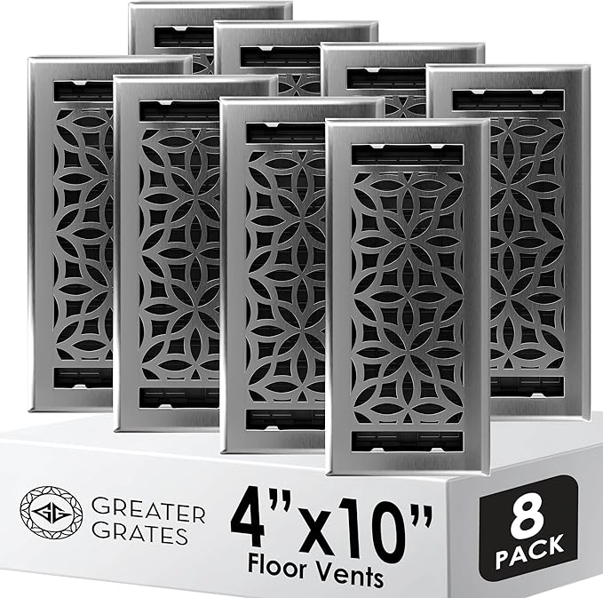 Floor Register 4x10 Vent Cover – 8 Pack – Heavy-Duty Steel, Rustproof & Walkable Grates, Easy Drop-in Install, Adjustable Air Supply Switch - Decorative Floral Design, Brushed Nickel