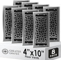 Floor Register 4x10 Vent Cover – 8 Pack – Heavy-Duty Steel, Rustproof & Walkable Grates, Easy Drop-in Install, Adjustable Air Supply Switch - Decorative Floral Design, Brushed Nickel