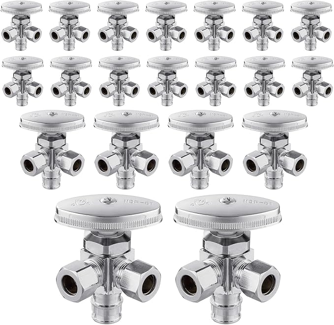 (Pack of 20) EFIELD Dual Outlet Angle Stop Valve, Multi-Turn, 1/2" Expansion F1960 Pex-a Pipe Inlet x (3/8 inch x 3/8 inch) Compression Outlet,(VALVE066-20PCS)