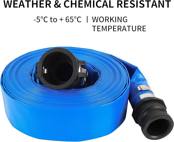 2" x 100FT Blue Discharge Hose with Camlock C and E Fittings, Reinforced PVC Lay Flat Backwash Hose Assembly, Weather and Burst Resistant, Ideal for Sump Pump Hose Pool Drain or Backwash