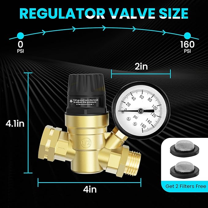 RV Water Pressure Regulator Lead-Free Brass Adjustable Water Pressure Reducer with Gauge and Screen Filter Use in Camper, Trailer, RV Plumbing System