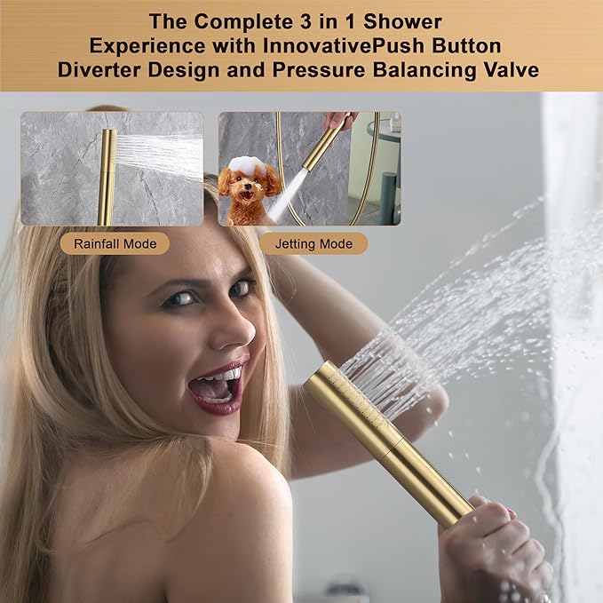 Brushed Gold Rainfall Shower System with Push-Button Diverter, Square UFO Rain Shower Trim Kit for Ceiling and Wall Mount, 2-Function Handheld Shower, Rough-in Valve, and Shower Faucet Set