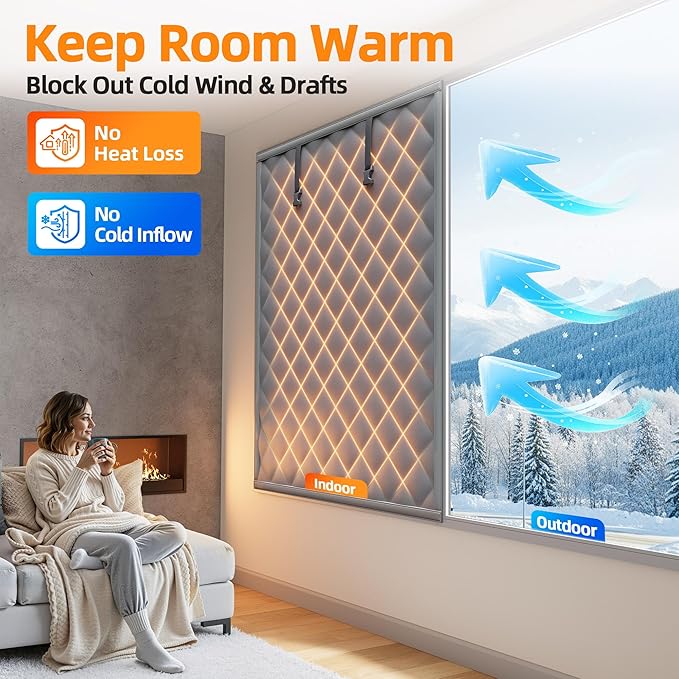 Window Insulation for Winter 47”×63” Windows Insulation Kit Thermal Insulated Window Cover Fit Max Size 46”×62”with Hook & Loop Insulated Curtains for Winter Windows Blanket in Bedroom Attic RV - Gray