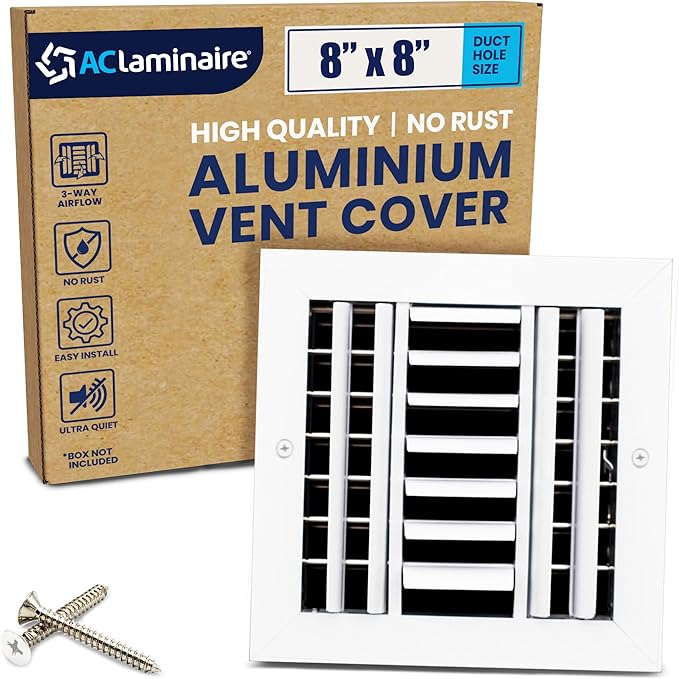 8x8 Inch (Duct Opening) Aluminum 3-Way Air Flow Vent – HVAC Vent Cover for Wall or Ceiling – Quiet HVAC Wall Register with Multi-Shutter Damper – Adjustable Curved Blade - Plastic Seal for Tight Fit