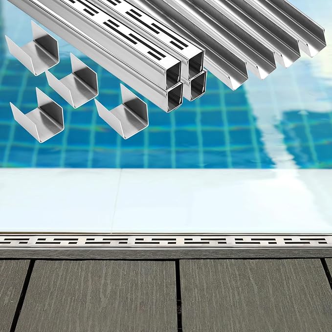 4 Pcs Pool Deck Drain 1.25-inch W x 4-feet L, Silver Outdoor Deck Drainage System 304 Stainless Steel with Coupling, Channel Drain for Integrated Grate/Concrete/Paver/Patios/Walkways