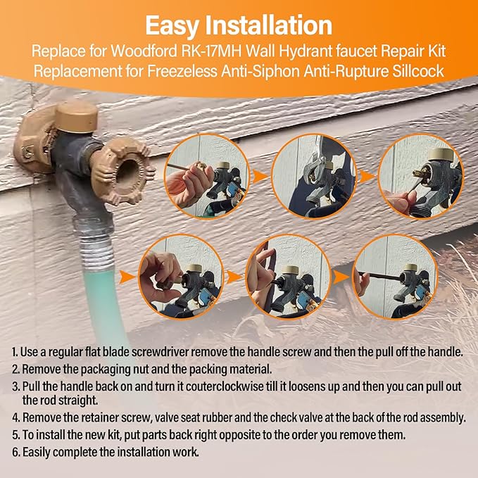 RK-17MH Outside Faucet Repair Kit Metal Handle - Replacement for Woodford Model 17 Outdoor Wall Hydrant, Frost-Free Design, EPDM Packing, 12-Piece Kit