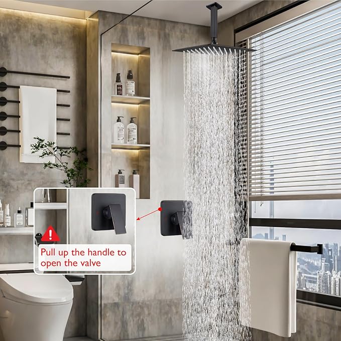 Heyalan Shower Faucet Set Square Stainless Steel Bathroom Rainfall Shower System One Handle Single Function Shower Trim Kit with Rough-in Valve Male Thread,Ceiling Mount,10 Inch,Oil Rubbed Bronze