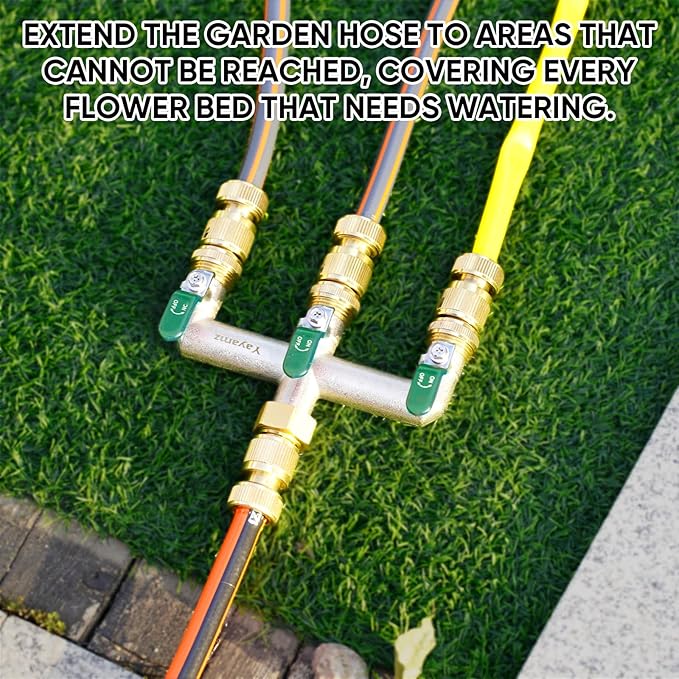3 Way Garden Hose Splitter, Heavy Duty Brass Nickel Plated Rust Resistant Faucet Manifold, 3/4" Frost Resistant Outdoor Hose Adapter Connector，Hose Spigot Adapter with 3 Large Green Handles