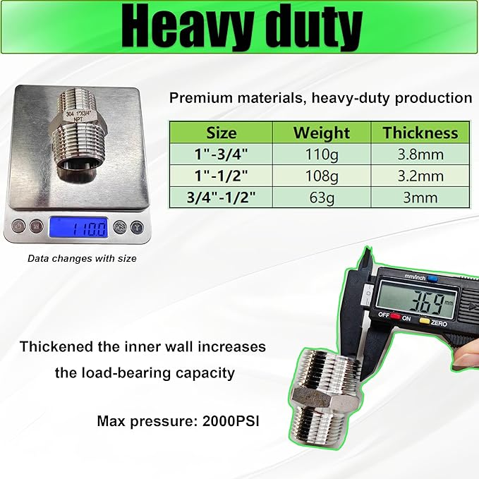 1" to 3/4" Male NPT Hex Reducing Nipple Fitting Adapter, 304 Stainless Steel 1 Inch to 3/4 Inch MNPT Threaded Pipe Adapter Fittings Reducing Nipples Connector (1" x 3/4" Male)