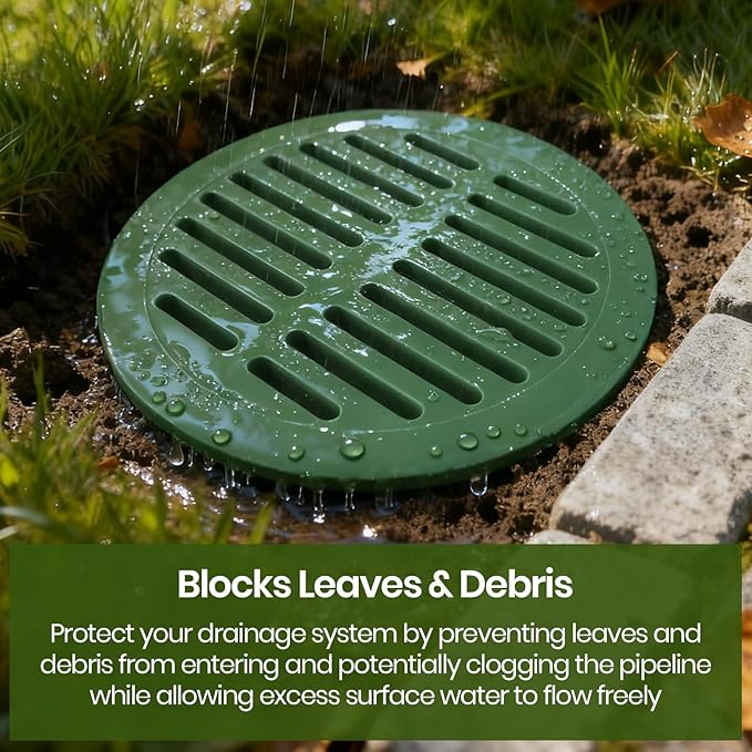 (4-Pack) Calvana 6” Plastic Round Drainage Grate Cover, Compatible with NDS 50, for Small Lawns, Landscaping, and Patios, Green