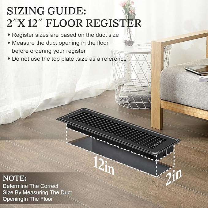 2 PCS Floor Vents Floor Registers 2x12 inch, Heavy Duty Metal Heat Air Vent Covers 2 X 12 with Rust Proof Finish for Home Office Wall Floor Registers Grilles & Vents (2, Black, 2x12 Inches)
