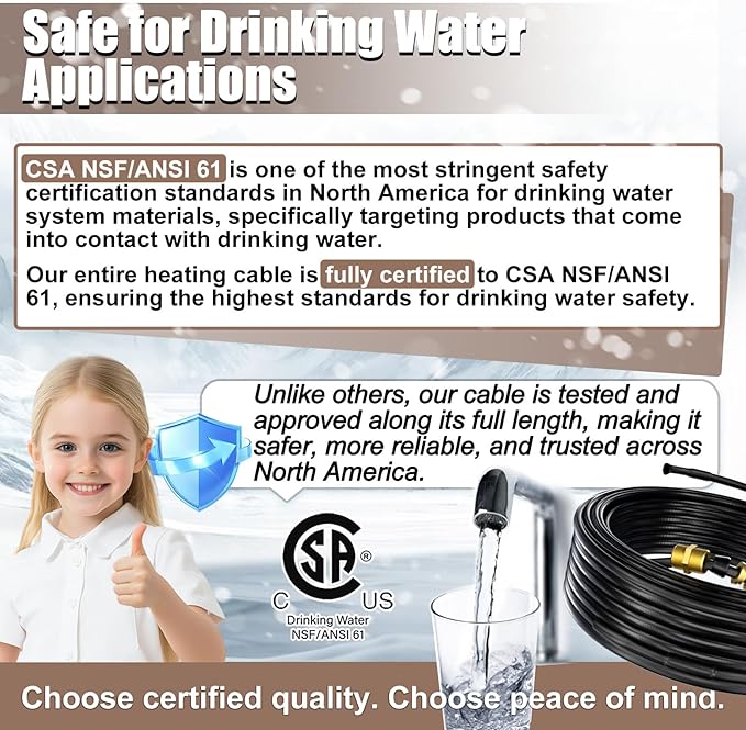 in Pipe Heating Cable Prevents Pipes from Freezing, Internal Self-regulating Heat Trace Cable for Safe Drinking Water, 120V 20FT