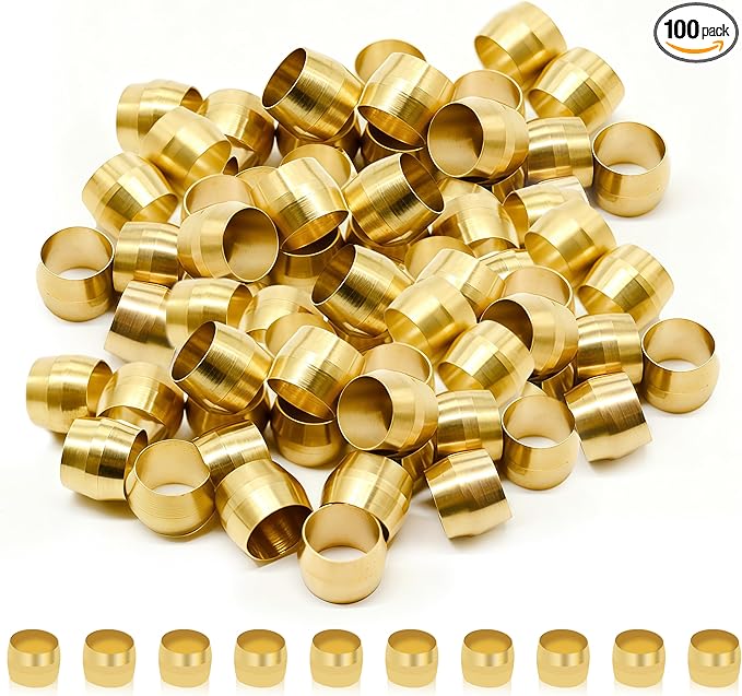 Siptenk 100PCS Brass Compression Sleeves Ferrules for Tube OD 3/16", Hose Compression Fitting Brass Ferrule for DOT Air Brake Lines, Water, Fuel, Oil