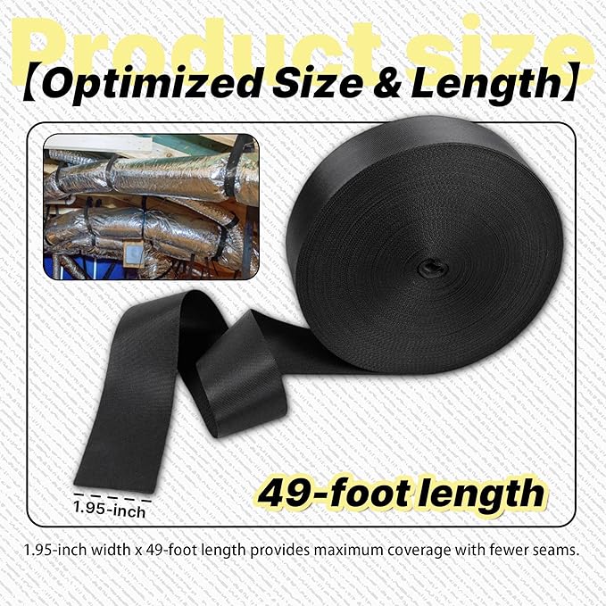 Heavy Duty Duct Strap – 1.95 in x 49 ft Black Nylon Strapping for HVAC Duct, Durable Wrap Support Band for Building & Home Improvement