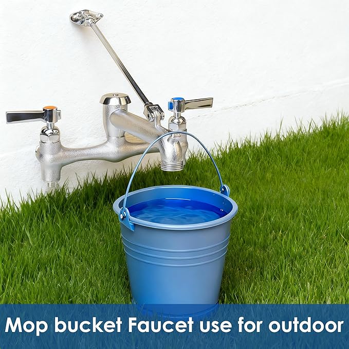 WHK Commercial Mop Sink Faucet with Vacuum Breaker Wall Mount Faucet 8" Adjustable Center,Pail Hook use for Hot Cold Water Utility Indoor/Outdoor,Garden(Brass,Rough Chrome)