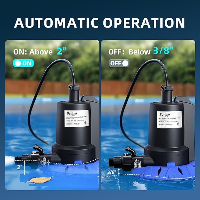 Pool Cover Pump, 1/4HP Automatic Swimming Pool Cover Pump, 1800 GPH Submersible Sump Pump with Check Valve Adapter for 3/4" & 1-1/4" Hoses and 25ft Power Cord, Water Removal for Pool Cover