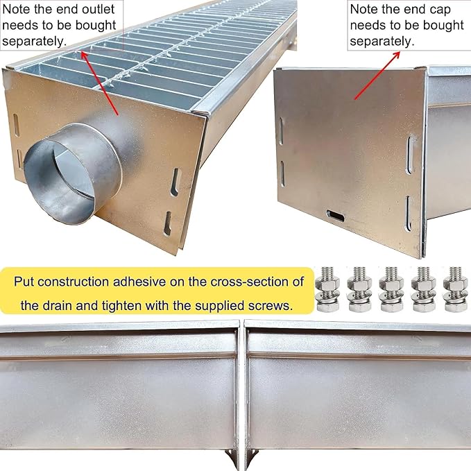 304 Stainless Steel Channel Drain with Galvanized Steel Grate 39.4x9x6 in, B-Class 28100 lbs Heavy-Duty Drain Kit for 3" Pipe, Trench Drainage System for Outdoor, Driveway, Garage, Yard