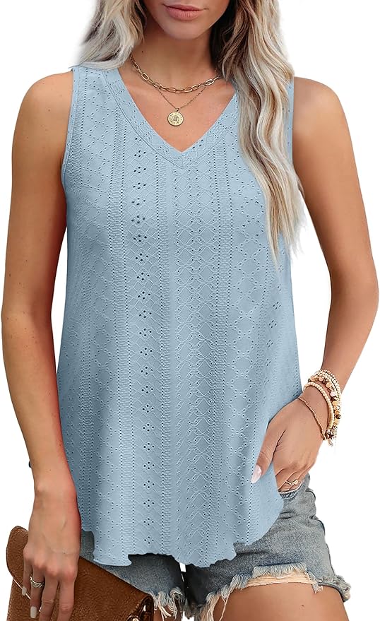 OFEEFAN Womens Tank Tops V Neck Sleeveless Flowy Loose Fit Basic Casual Summer Tops