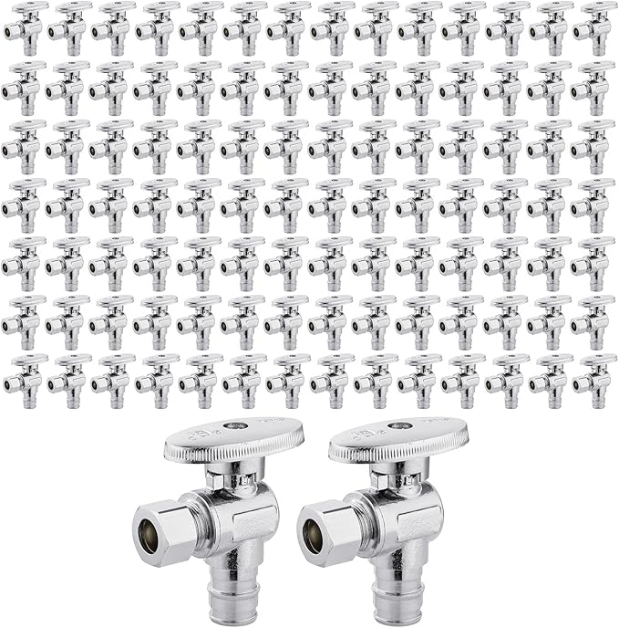 100 PCS EFIELD Stop Valve Pex-a 1/4 Turn Angle 3/8" OD Compression X 1/2" Expansion (F1960), Chrome Plated Brass,(VALVE094-100PCS)