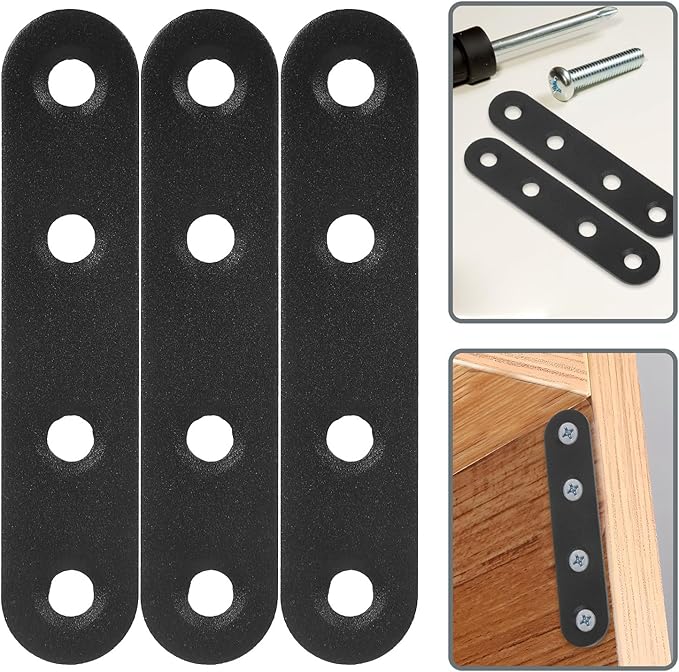 12 Pcs Stainless Steel Straight Bracket Supports Black Flat Metal Mending Repair Plates for Shelf Furniture Fixing and Wood Shelf Reinforcement