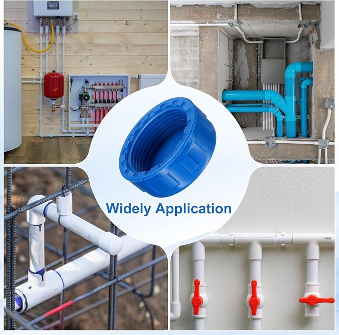uxcell 5Pcs 1-1/4 Inch PT Female Thread PVC Pipe Fitting Cap, Cleanout Water Drain End Caps, Pipe Plug Socket Fittings with Gasket for Water Heater Supply Lines, Plumbing, Blue