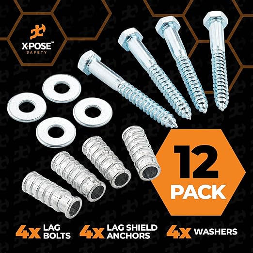 xpose safety Concrete Anchors Set with 4"" Lag Bolt, Lag Shield and Washer - 12 Sets per Pack - 1/2"" Bolt Lag Screws 4-Inch for Speed Bumps for Asphalt - Galvanized Steel Lag Bolts