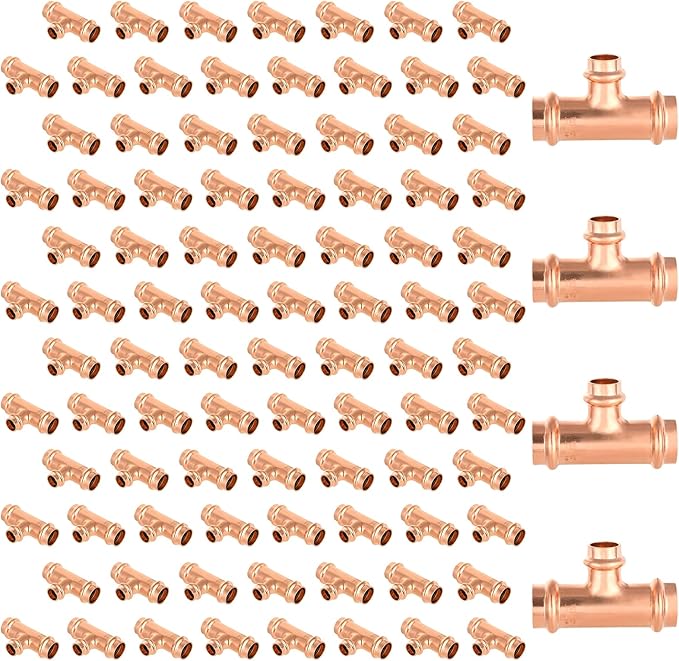 100-Pack GUOFIS Copper Press Tee,3/4" x 3/4"x 1/2" Tee Fittings for Copper Tube Connection with Stop(PRESS018-100Pack)