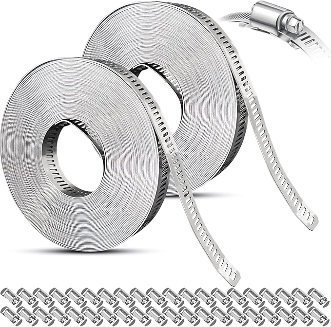 Hose Clamps Stainless Steel, Hose Clamp Assortment Kit, 32.81FT DIY Large Adjustable Worm Gear Metal Clamps Fuel Line Clamp with 40 Fasteners for Plumbing, Water Pipe, Radiator, Automotive, Mechanical