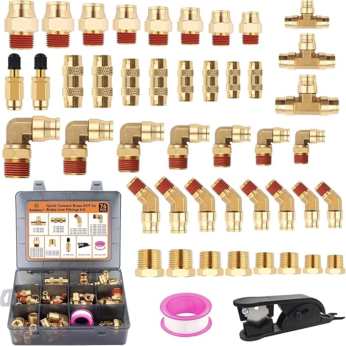 76PCS Quick Connect Brass DOT Air Line Fitting Kit, Kalolary Brass Hose Fittings 1/4" 3/8" 1/2" 1/8" Brake Line Repair Kit Push To Connect Fittings with NPT Threads Air Hose for Workshop Car