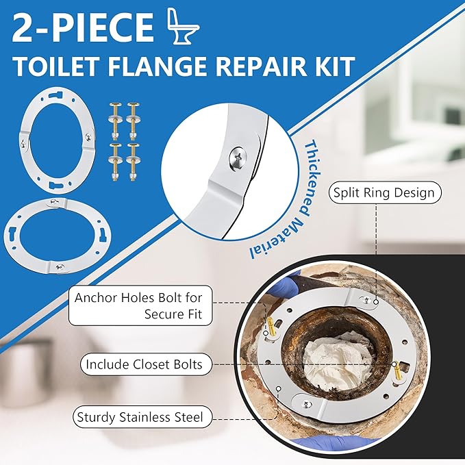 2 Piece Toilet Flange Repair Kit, Toilet Flange Repair Ring with 1/4" x 2-1/4" Closet Bolts, Stainless Steel Split Ring for Cast Iron, PVC or ABS(2 Pack)