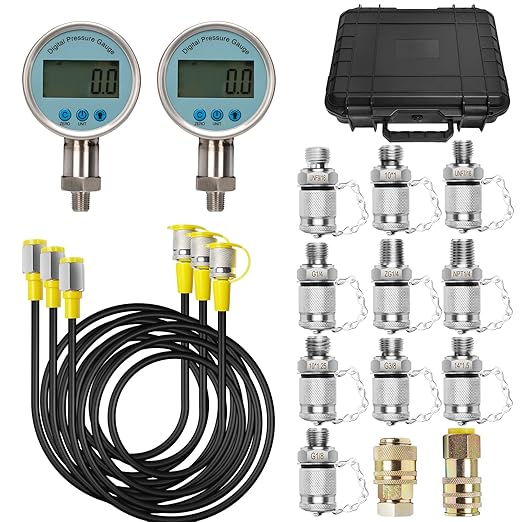 Digital Hydraulic Pressure Test Kit, Hydraulic Pressure Gauge Tester Set with 2 Digital Gauges (16MPa/80MPa)