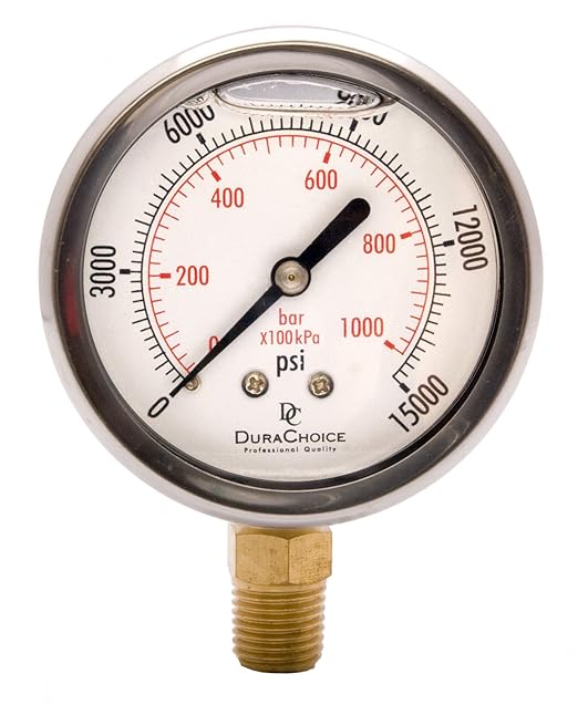 2" Oil Filled Pressure Gauge - Stainless Steel Case, Brass, 1/4" NPT, Lower Mount Connection, 0-15,000PSI