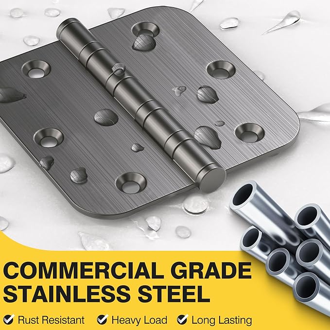 KOLET Ball Bearing Door Hinges, 3.5 x 3.5 Inches Door Hinges, 5/8'' Radius Corner Heavy Duty Stainless Steel Hinges, Smooth and Quiet, Non Removable Pin, Platinum Grey, 3 Pack