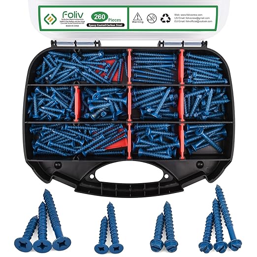 FOLIV 260PCS Concrete Screws with Drill Bit, 1/4 3/16 Concrete Screws Assortment Kit, Flat & Hex Head Masonry Block Brick Cement Screws and Anchors, Diamond Point, Length from 1-1/4” to 2-1/4”
