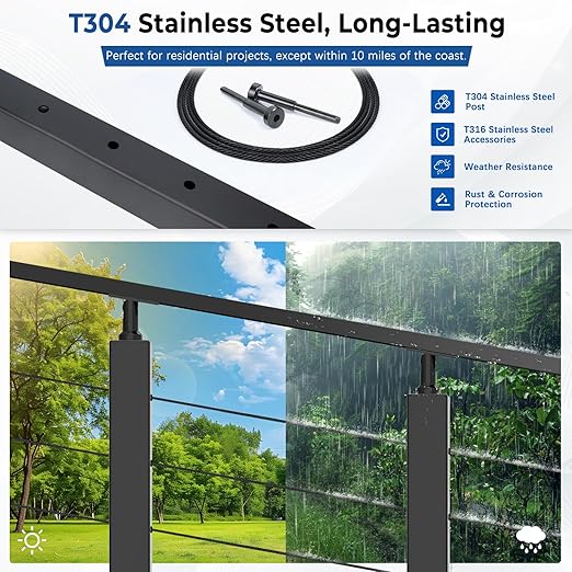36" Expandable 12-16FT Black T304 Cable Railing Post Kit, Complete Cable Railing System with 4 Stair Posts, 177ft 1/8" Wire Rope(No Handrail), Adjustable Length Easy DIY for 25-35°Stairway