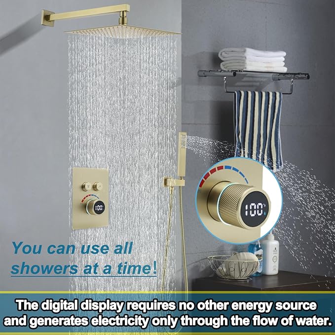 Digital Display Shower Valve Shower Valve 2 Way Shower Diverter Valve Shower Mixing Valve Can Use All the Time Brushed Gold