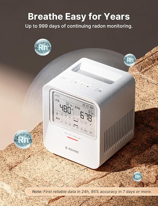 X-Sense Radon Detector, Audible & Visual Alerts, One-Touch Reset, Stores Up to 99 Local Reports, with Temperature & Humidity Range Display, Long-Term Accurate Monitoring Up to 999 Days, Model XR0B-SR