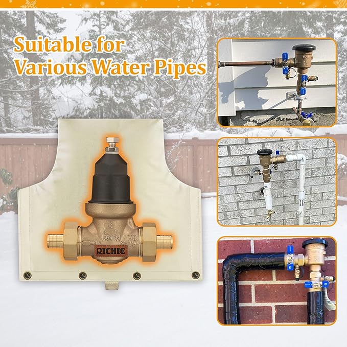 Backflow Preventer Insulated Cover (5°F) for Winter Freeze Protection, 14"W x 13"H Thickened Pressure Reducing Value & Well Pump Cover, Outdoor Waterproof Insulation Pouch for Sprinkler Valve, Beige